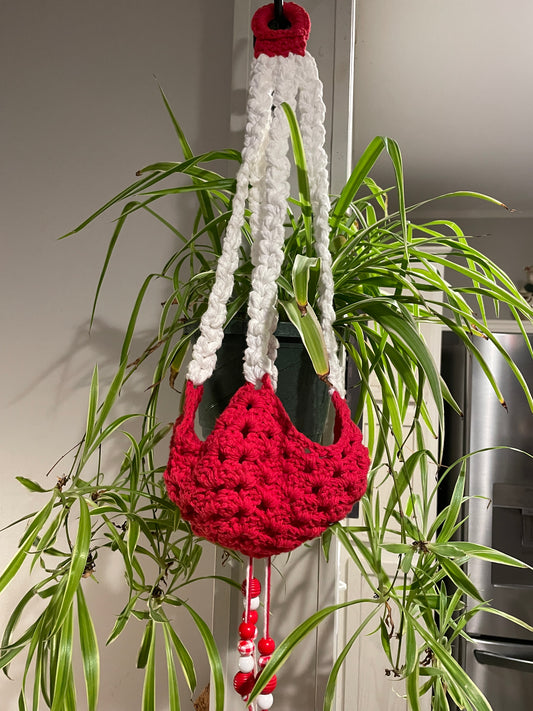Crimson & Cream Crochet Plant Hanger